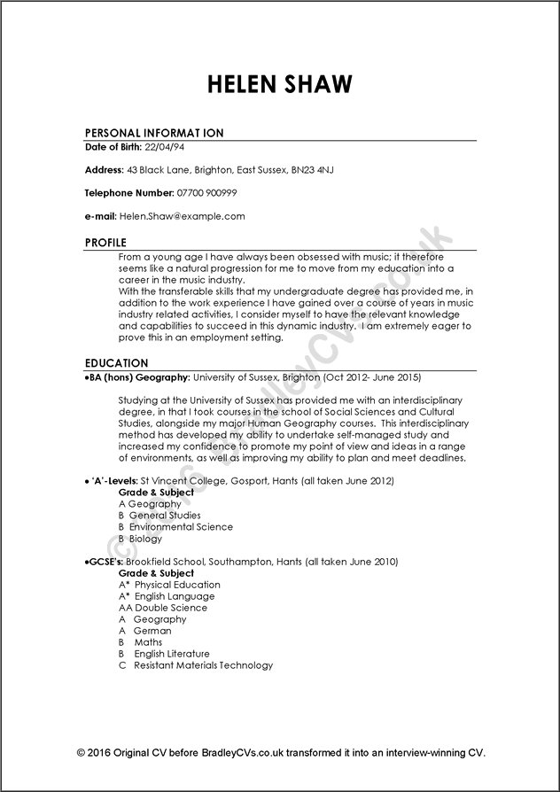 Simple Curriculum Vitae Format Uk